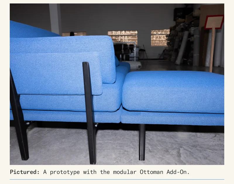 Pictured: A prototype in Kvadrat Autumn (Lapiz) with the modular Ottoman add-on.