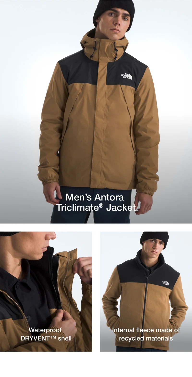 Men's Antora Triclimate Jacket. A waterproof shell meets soft fleece for extra comfort - perfect for just about any forecast.