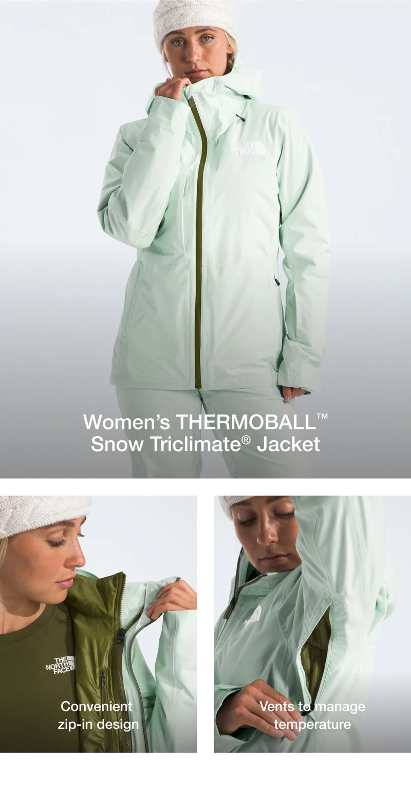 Women's THERMOBALL Snow Triclimate Jacket. All-purpose snowsports jacket with a helmet-compatible hood and plenty of pockets (inside too).