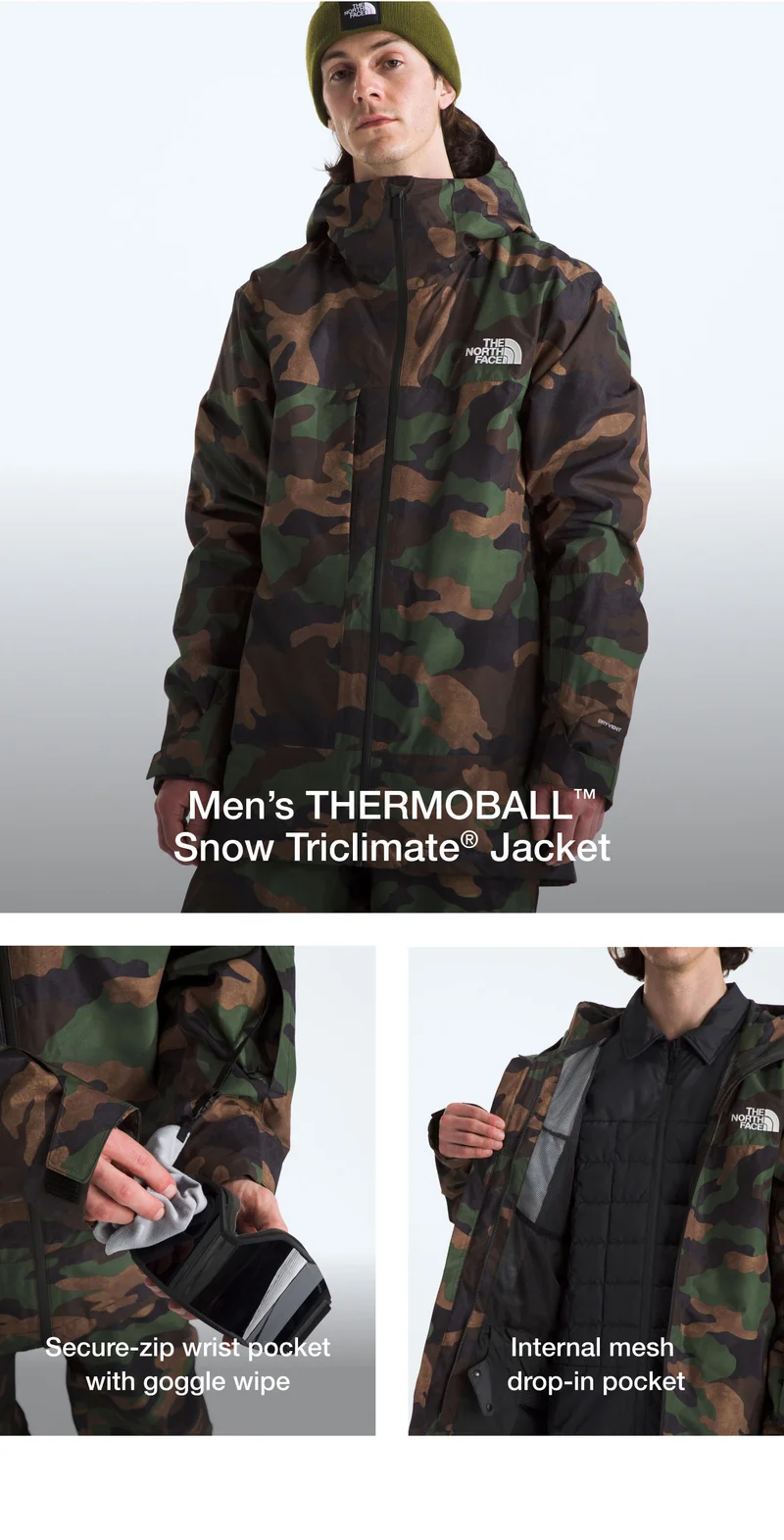 Men's THERMOBALL Snow Triclimate Jacket. Waterproof, breathable DRYVENT outer shell and dual-insulated inner jacket offer protection when you need it most.