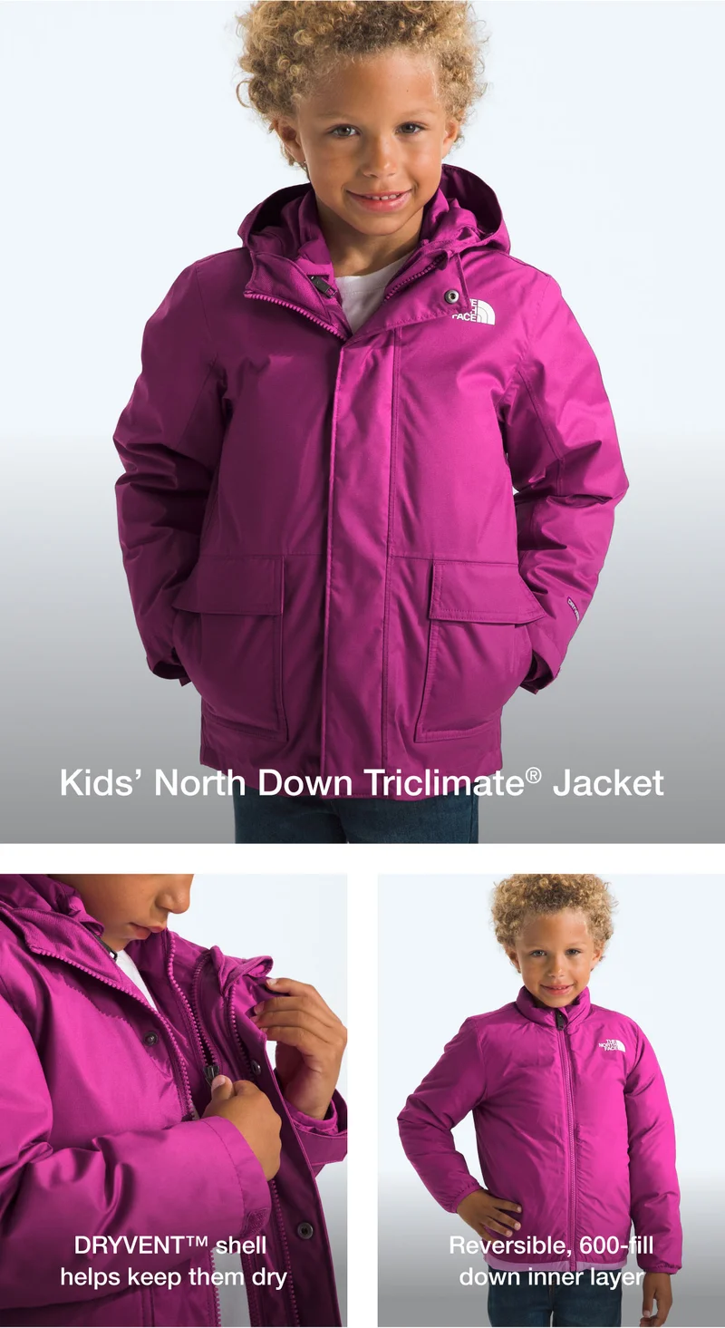 Kids' North Down Triclimate Jacket. Breathable DRYVENT shell. Reversible 600-fill down inner layer. Reliable, all-weather coverage.