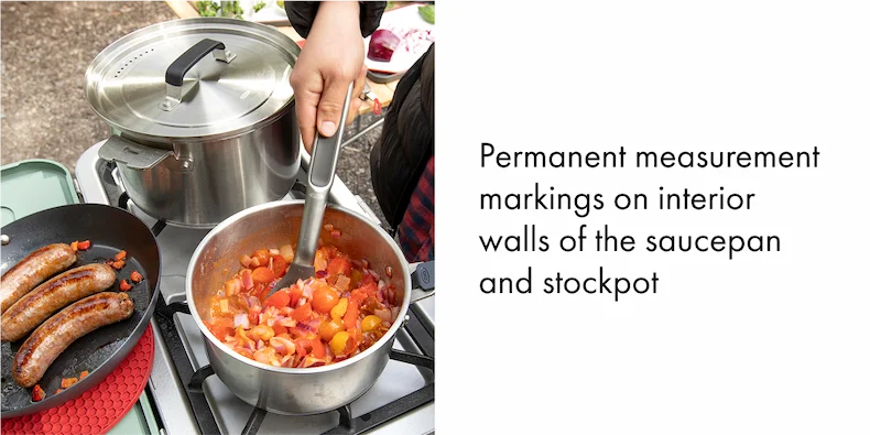 Permanent measurement markings on interior walls of the saucepan and stockpot .
