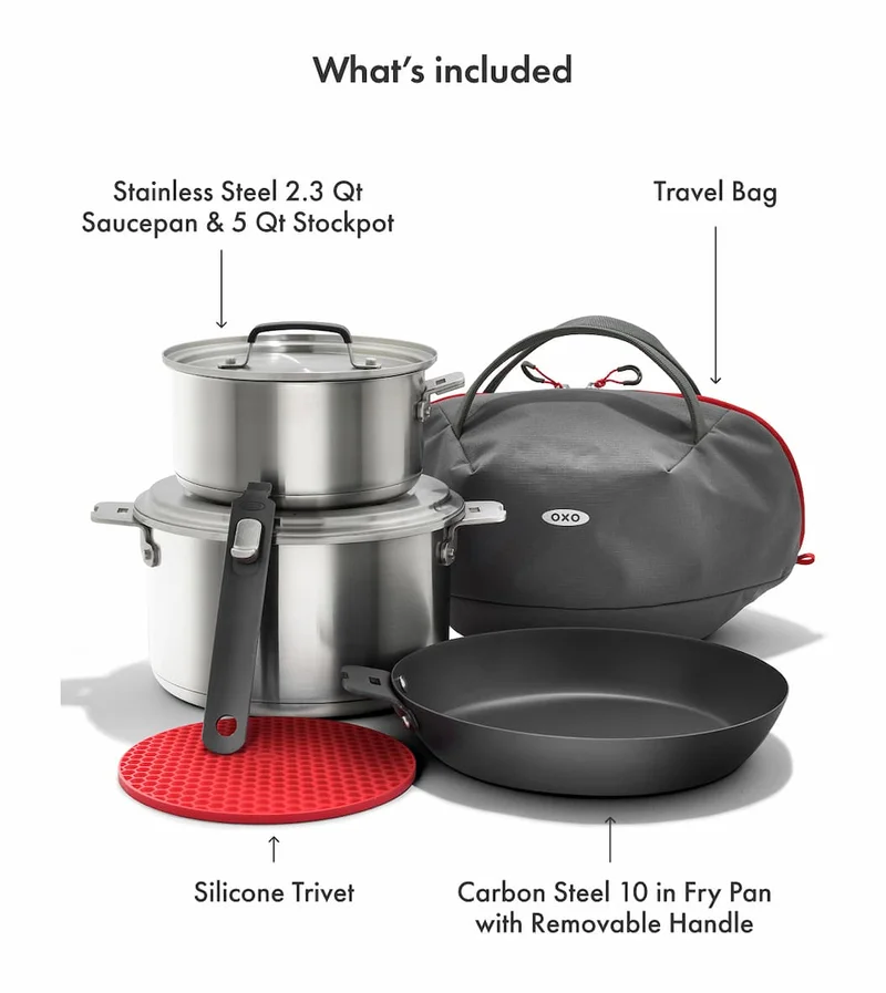 What's included. Stainless Steel 2.3 Qt Saucepan & 5 Qt Stockpot. Travel Bag. Silicone Trivet. Carbon Steel 10 in Fry Pan with Removable Handle. | SHOP THE SET