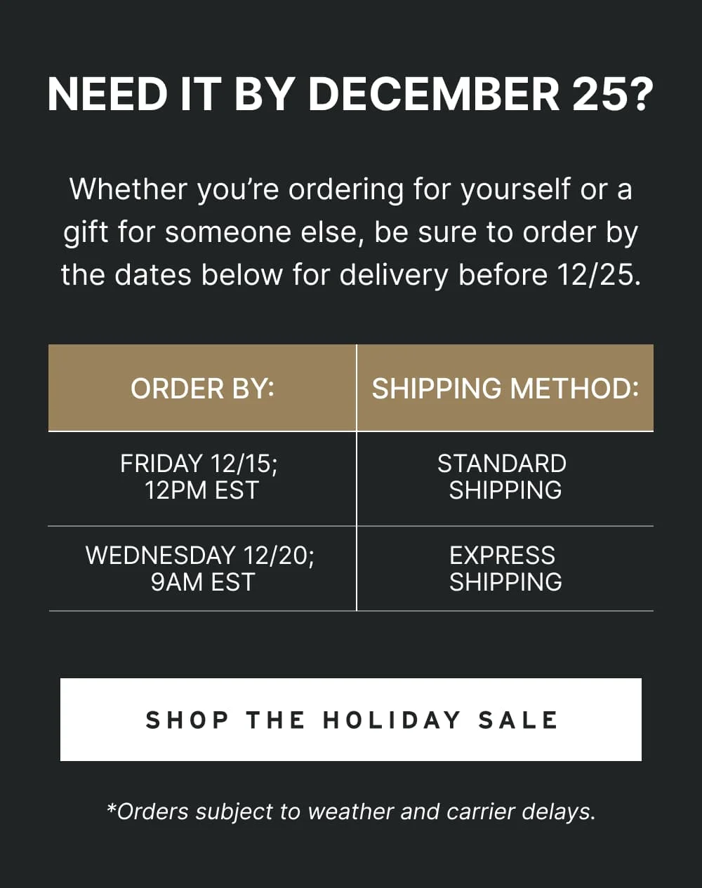 Need it By December 25? Whether you’re ordering for yourself or a gift for someone else, be sure to order by the dates below for delivery by 12/25. [ Shop the Holiday Sale ]
