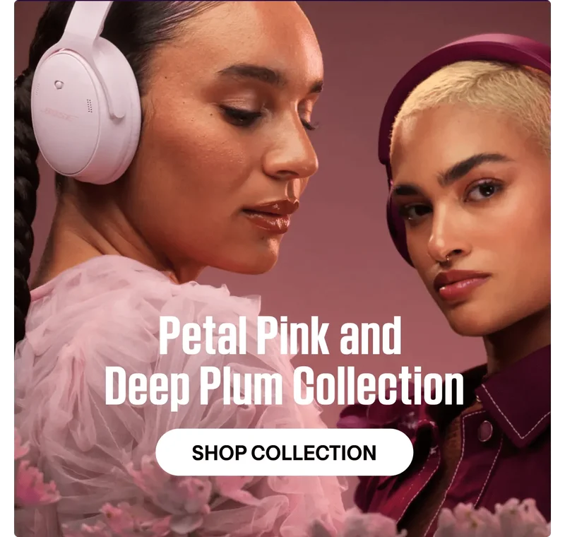 Woman wearing QuietComfort Headphones in Petal Pink and another woman wearing QuietComfort Ultra Headphones (2nd Gen) in Deep Plum