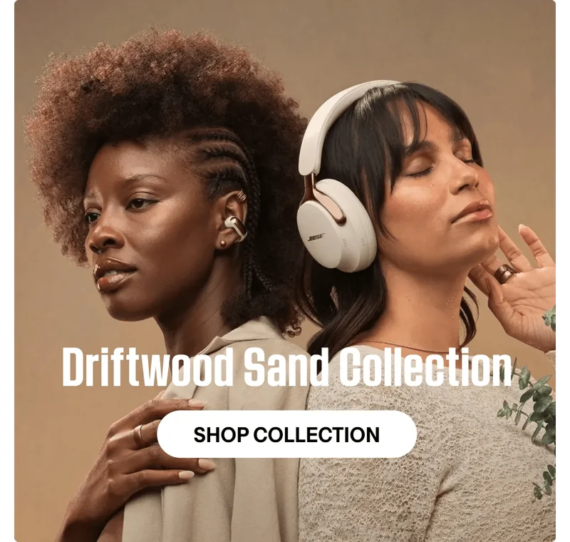 Woman wearing Ultra Open Earbuds in Driftwood Sand and another woman wearing QuietComfort Ultra Headphones (2nd Gen) in Driftwood Sand
