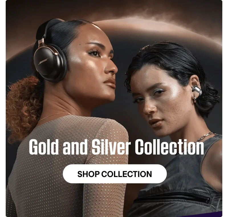 Woman wearing QuietComfort Ultra Headphones (2nd Gen) in Desert Gold and another woman wearing Ultra Open Earbuds in Moonlight Grey