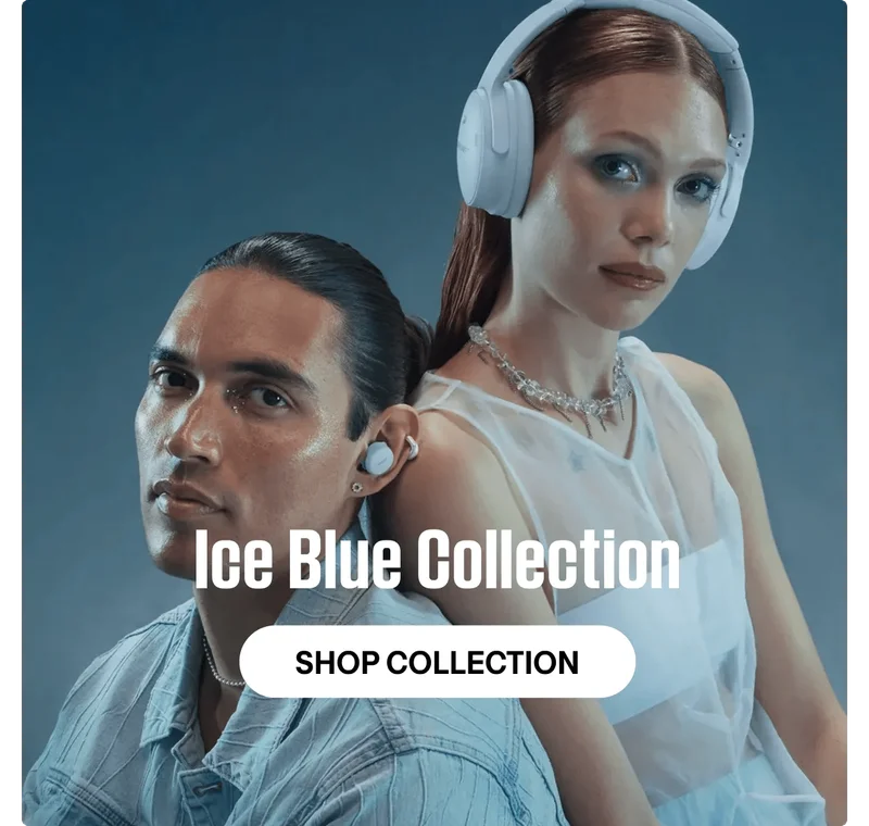 Man wearing QuietComfort Earbuds in Ice Blue and woman wearing QuietComfort Headphones in Ice Blue