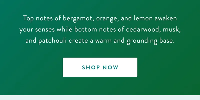 Top notes of bergamot, orange, and lemon awaken your senses while bottom notes of cedarwood, musk, and patchouli create a warm and grounding base. | SHOP NOW