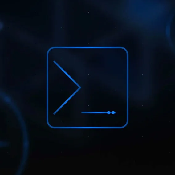 A neon blue outline of a square icon features a greater-than symbol and an underscore with three dots, resembling a command prompt, against a dark, blurry background.