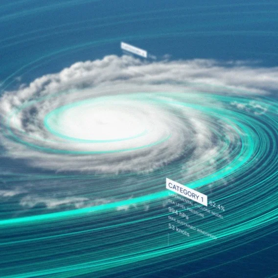 An aerial view of a swirling hurricane with teal lines indicating its rotation. A white box overlay identifies it as CATEGORY 1 with additional data points like 82.4%, 994 hPa, and 53 knots.