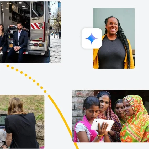 Four distinct images are arranged on a light background, connected by a yellow dotted line. The top left shows a man in a suit, top right a smiling woman with braids, bottom left a woman from behind, and bottom right a group of women looking at a tablet. A white square icon with a blue sparkle is visible in the top right.