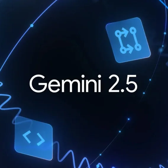 The text Gemini 2.5 is displayed in white on a dark blue background with abstract blue lines and dots. Two blue square icons are visible, one with arrows pointing in opposite directions and the other with angle brackets.