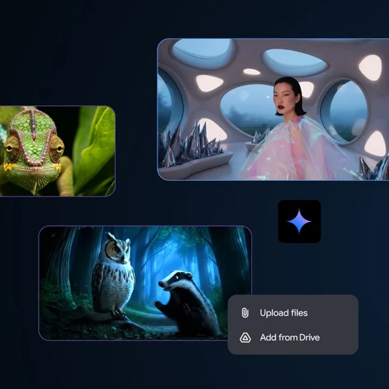 Multiple image previews are displayed on a dark background. The top left shows a chameleon, the top right a woman in a futuristic setting, and the bottom left an owl and a badger in a forest. To the right, a dark square button with a blue sparkle icon has a dropdown menu below it, showing options to Upload files and Add from Drive.