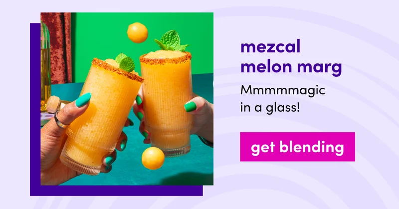 Hands cheersing two glasses with a frozen yellow drink and mint garnish. | mezcal melon marg | Mmmmmagic in a glass! | get blending