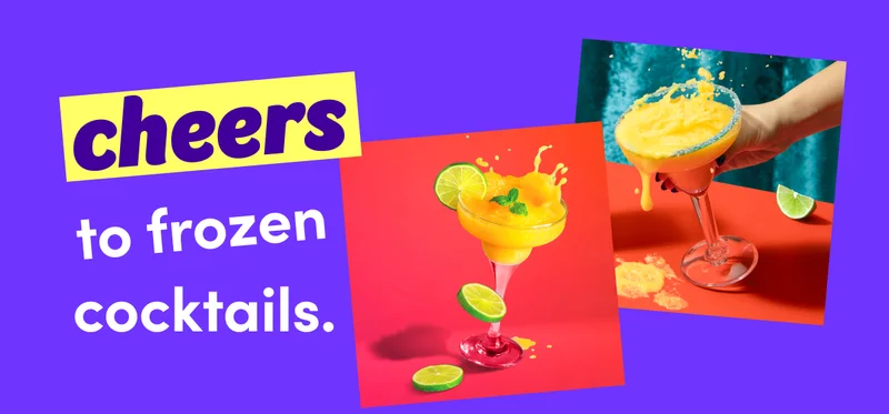 cheers to frozen cocktails. | Two square images of margaritas that are tilted and spilling over.