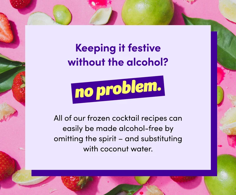 Various fruits, citrus and leaves on a pink background. | Keeping it festive without the alcohol? no problem! | All of our frozen cocktail recipes can easily be made alcohol-free by omitting the spirit – and substituting with coconut water.