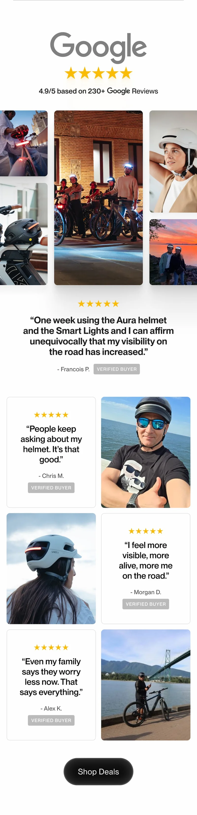 Customer reviews — 4.9 out of 5 stars on 230+ Google reviews. Riders praising visibility, safety, and design of UNIT 1 helmets and Smart Lights.