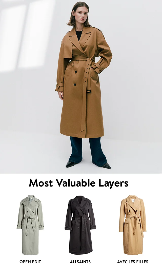 A woman wearing a tan trench coat over a black outfit paired with pointed-toe shoes. A belted trench coat in pale green, a belted trench coat in black, a belted trench coat in beige.