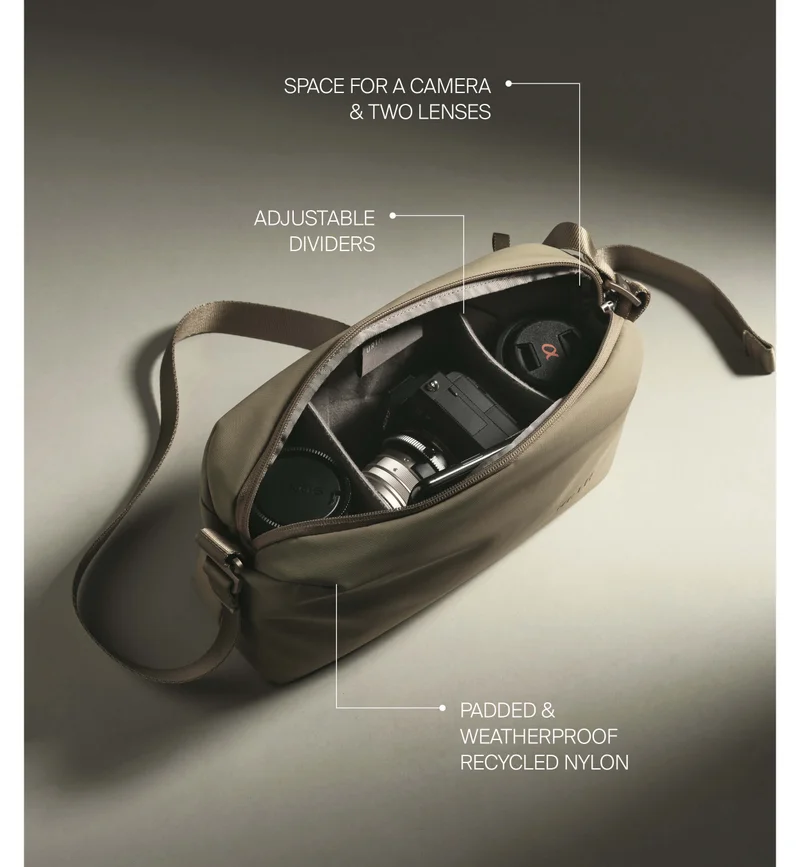 Space for a camera + two lenses   Adjustable dividers  Padded + weatherproof recycled nylon
