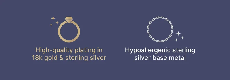 High-quality plating in 18k gold and sterling silver. Hypoallergenic silver bas metal.