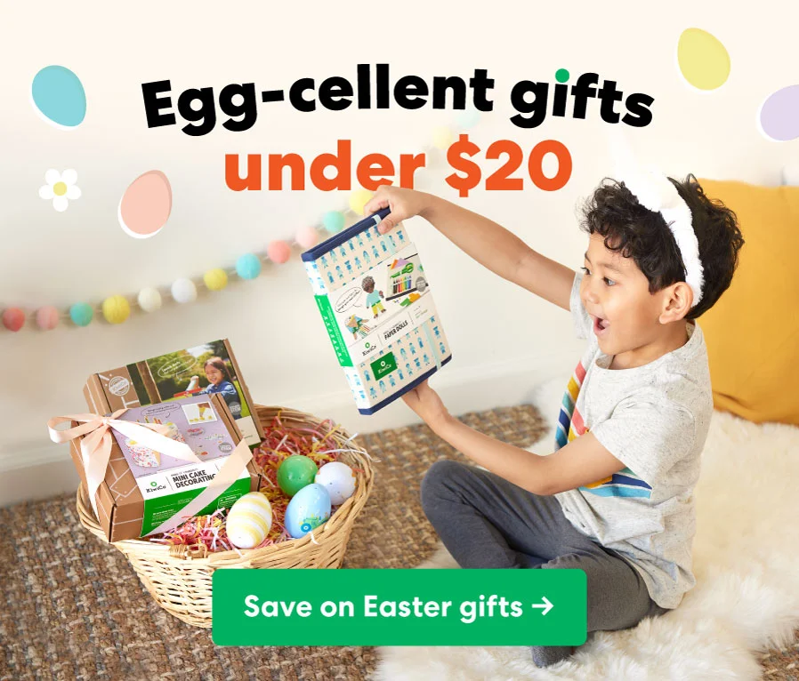 Egg-cellent gifts under $20, decorated with pastel eggs and springtime icons. Below, a young girl in a colorful dress excitedly reaches for a KiwiCo project from a festive Easter basket filled with activity kits and pastel eggs. A green button below says, ''Save on Easter gifts →.