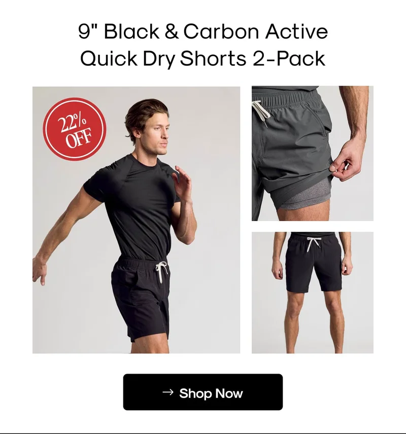 9" Black & Carbon Active Quick Dry Shorts 2-Pack