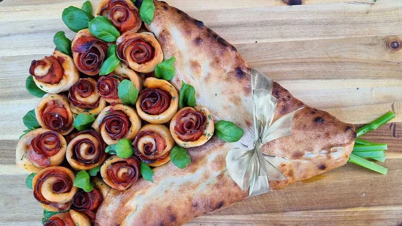 Pizza bouquet made of pepperoni roses