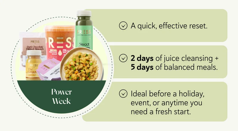 Power Week A quick, effective reset. 2 days of juice cleansing + 5 days of balanced meals Ideal before a holiday, event, or anytime you need a fresh start