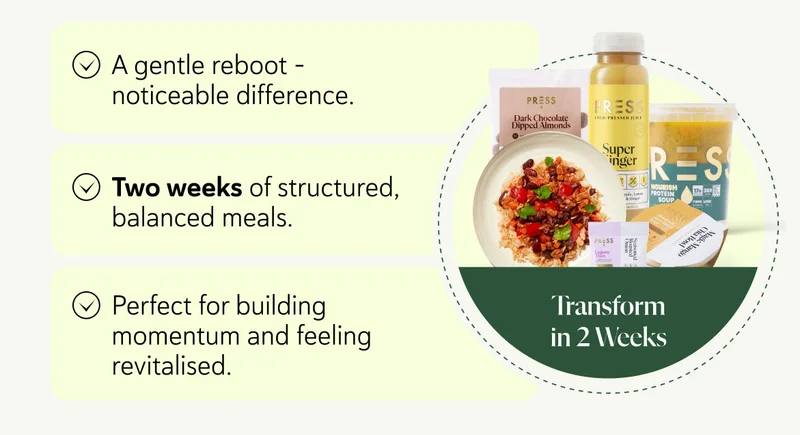 Transform In 2 A gentle reboot – noticeable difference. Two weeks of structured, balanced meals. Perfect for building momentum and feeling revitalised.