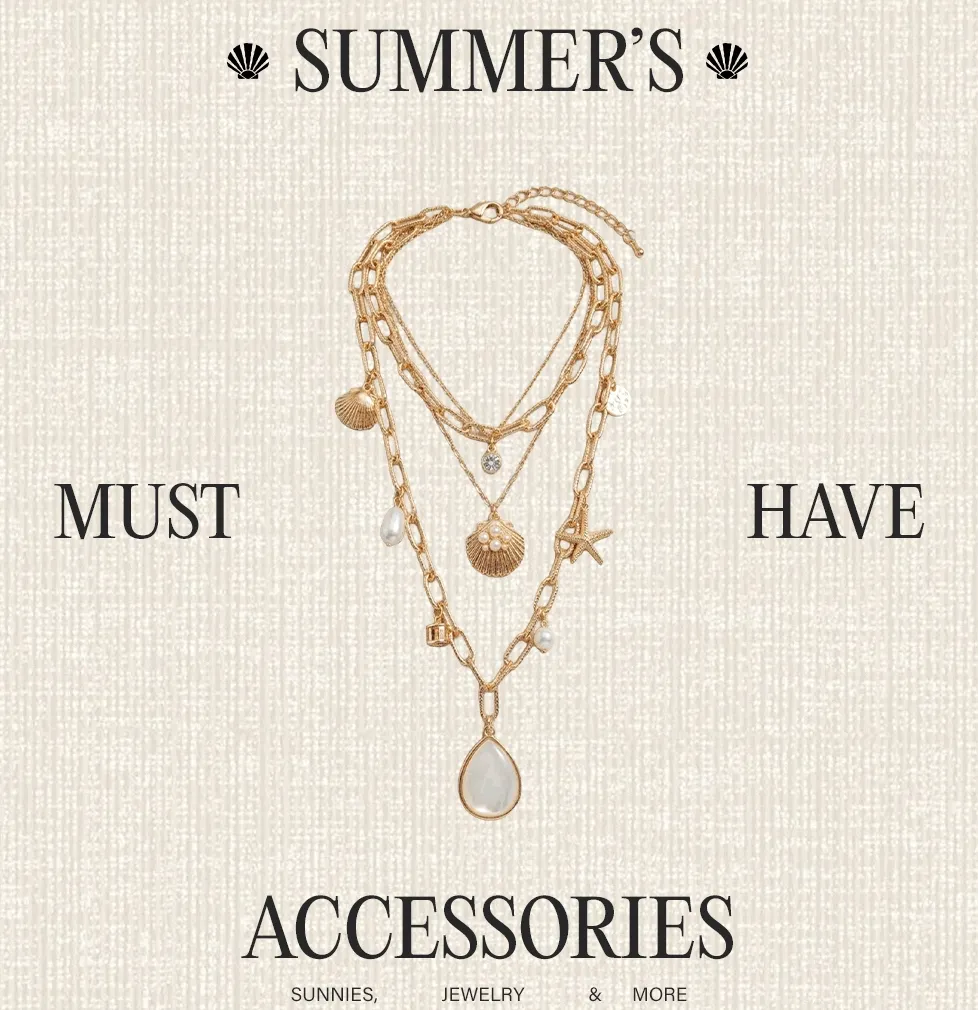 Summer's Must-Have: Gold layered necklace with seashell, pearl, starfish charms & mother-of-pearl pendant. Trendy beach jewelry accessories.