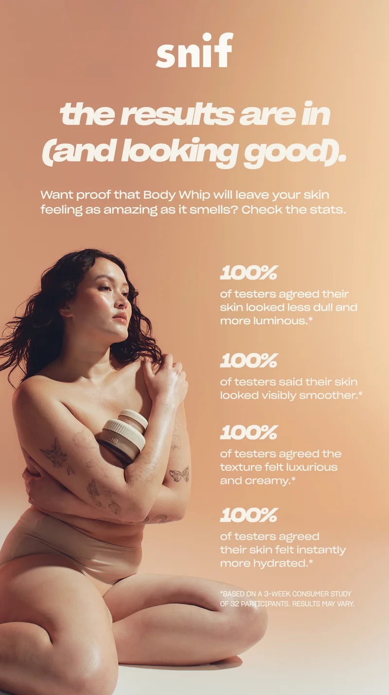 the results are in (and looking good). Want proof that Body Whip will leave your skin feeling as amazing as it smells? Check the stats.   100% of testers agreed their skin looked less dull and more luminous.*   100% of testers said their skin looked visibly smoother.*  100% of testers agreed the texture felt luxurious and creamy.*  100% of testers agreed their skin felt instantly more hydrated.*
