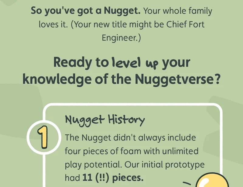 So you've got a Nugget. Your whole family loves it. (Your new title might be Chief Fort Engineer.) Ready to level up your knowledge of the Nuggetverse? The Nugget didn't always include four pieces of foam with unlimited play potential. Our initial prototype had 11 (!!) pieces.