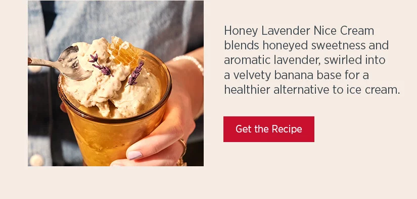 Honey Lavender Nice Cream blends honeyed sweetness and aromatic lavender, swirled into a velvety banana base for a healthier alternative to ice cream.