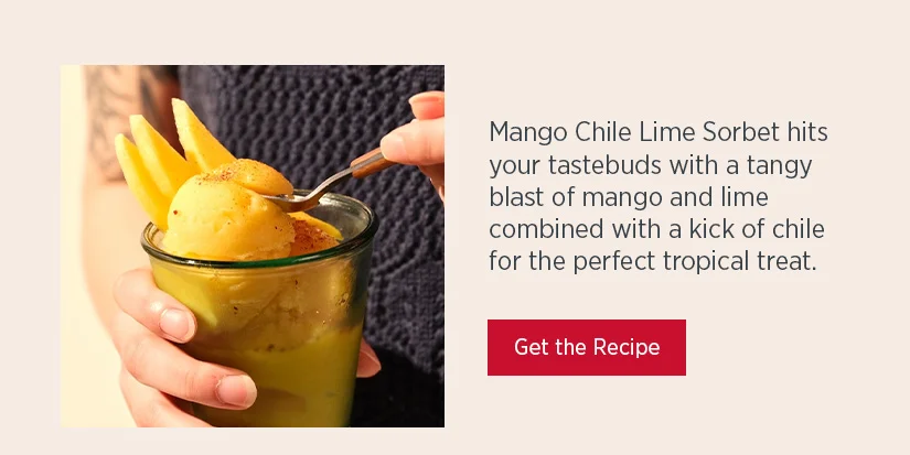 Mango Chile Lime Sorbet hits your tastebuds with a tangy blast of mango and lime combined with a kick of chile for the perfect tropical treat.
