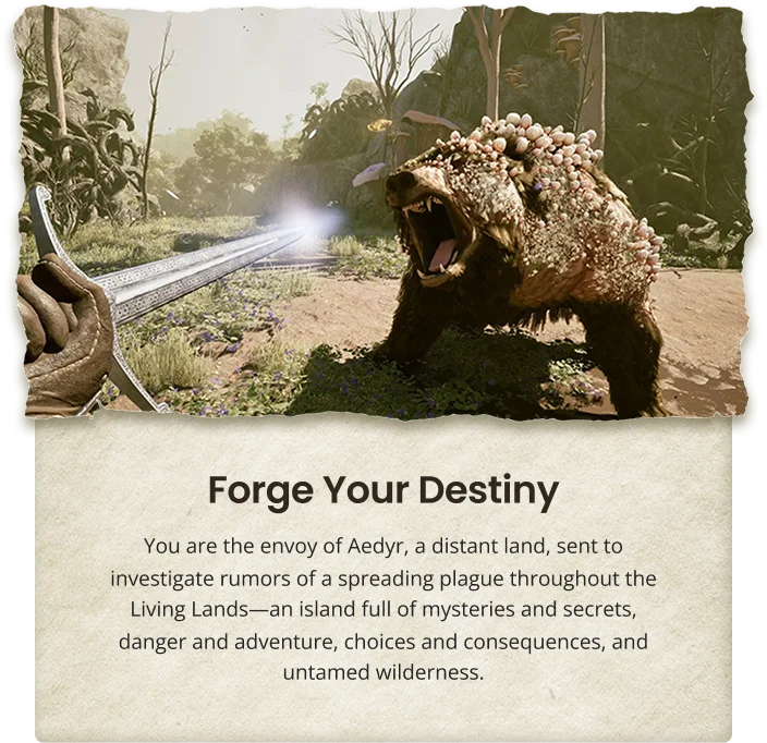 Forge Your Destiny You are the envoy of Aedyr, a distant land, sent to investigate rumors of a spreading plague throughout the Living Lands—an island full of mysteries and secrets, danger and adventure, choices and consequences, and untamed wilderness.
