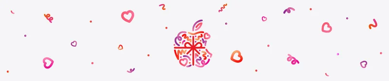 Dots, squiggles, and hearts in red, pink, and purple colors burst and spread across from behind Apple logo, wrapped in a red color bow, made up of dots, squiggles, and hearts in different hues of red, pink, and purple