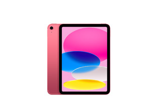 iPad, back exterior, pink, single-lens camera, front exterior, black display bezel, rounded corners, available colors: blue, pink, yellow, and silver