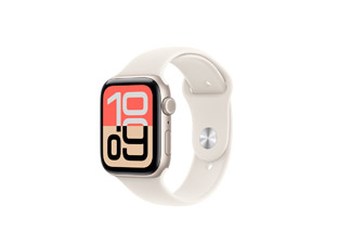 Apple Watch SE 3, starlight color aluminum case, light blush color Sport Band, Digital Crown, available colors: starlight, midnight