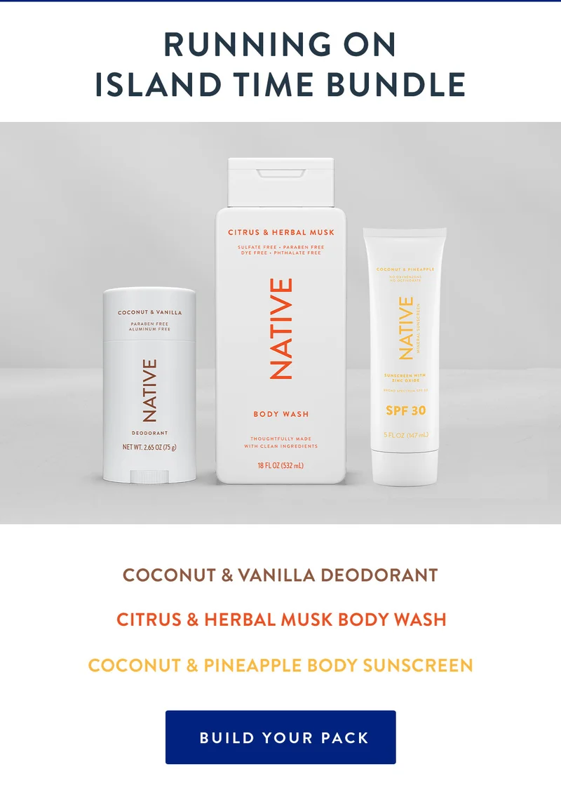 Running on Island Time Bundle | Coconut & Vanilla Deodorant | Citrus & Herbal Musk Body Wash | Coconut & Pineapple Body Sunscreen | BUILD YOUR PACK