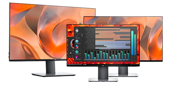 Three Dell UltraSharp monitors of various sizes with visually stunning graphics.
