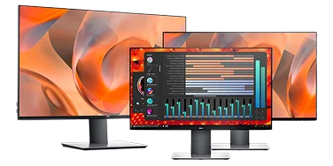 Three Dell UltraSharp monitors of various sizes with visually stunning graphics.