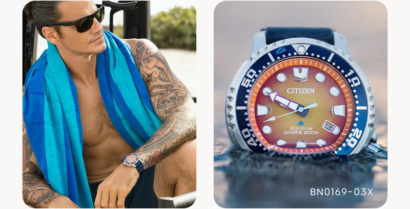 A man wears his Promaster Dive in a vibrant orange dial with blue polyurethane strap.