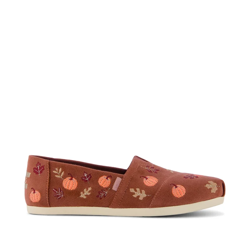Image of Womens Alpargata Classic Amber Brown Corduroy Embroidered Pumpkins