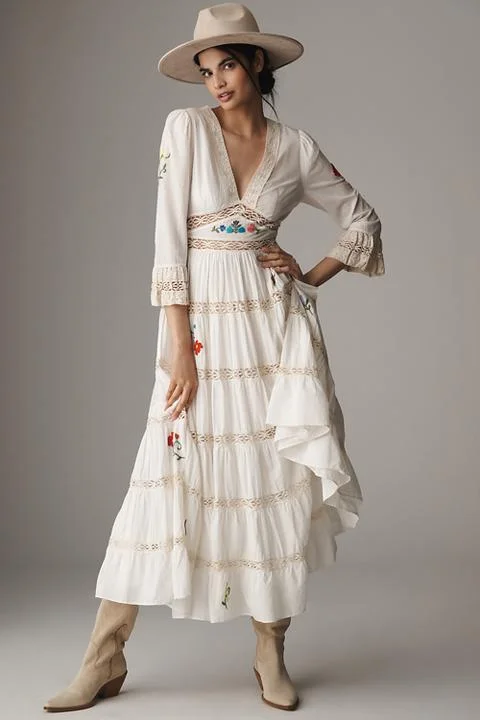 RIXO Regine Floral Embroidered Tiered Maxi Dress