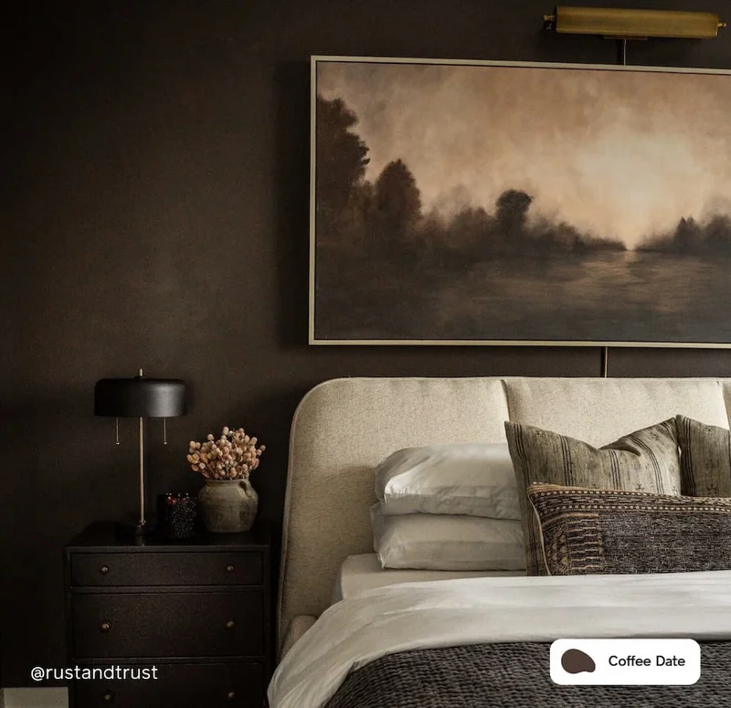 Bedroom painted in cozy chocolate brown Coffee Date