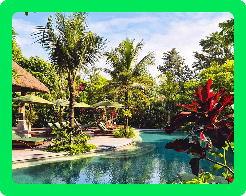 Image Description: Tranquil resort pool with green lounge chairs and umbrellas set among lush greenery and tropical foliage.