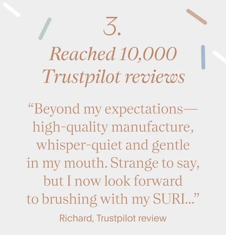 “Beyond my expectations—high-quality manufacture, whisper-quiet and gentle in my mouth. Strange to say, but I now look forward to brushing with my SURI...”