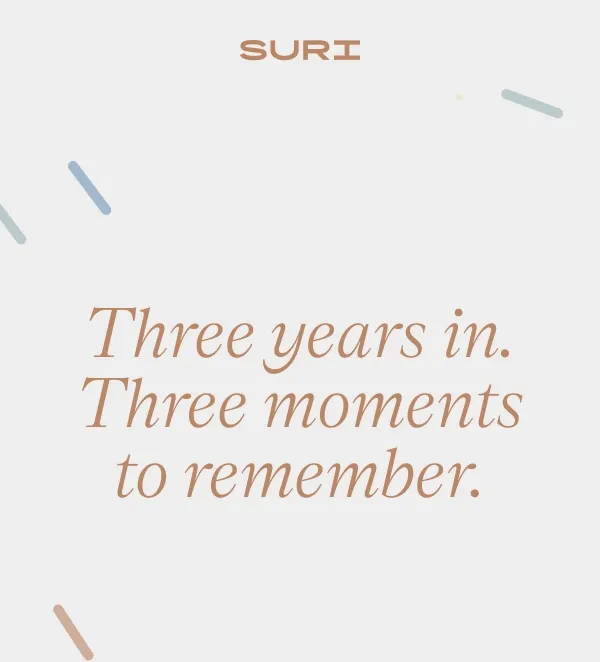 Rotating gif, highlighting 3 years to remember with reviews and images of the SURI team