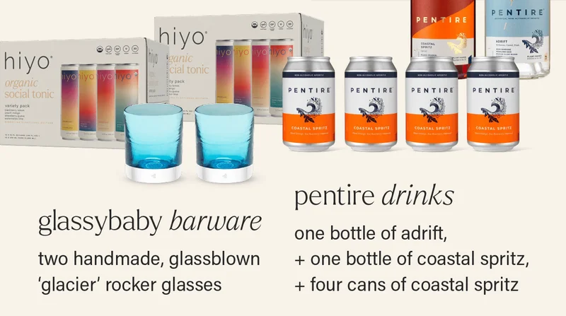 ... glassybaby barware: two handmade, glassblown ‘glacier’ rocker glasses; pentire drinks: one bottle of adrift, + one bottle of coastal spritz, + four cans of coastal spritz...
